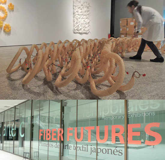 Naoko Serino installing her works as "Fiber Futures" travels to Spain.