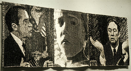 Talking Trudeau-Nixon by Helena Hernmarck shown at the Lausanne Biennial in 1969, 51" x 153", photo by Helena Hernmarck