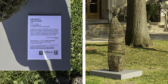 Dawn Macnutt Timeless Figure bronze Sculpture and Otocast in front of the Greenwich Arts Council. Photos by Tom Grotta