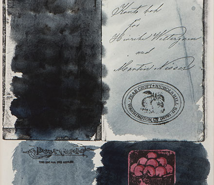 7hh Stamp Series 1, Helena Hernmarck, collage: photocopy; watercolor and rubber stamps on paper; white lacquered wood, 15.75" x 13.25”, 1984