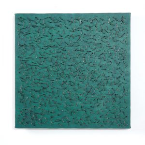 Green Blue Screen One, Tamiko Kawata, cardboard, safety pins, acrylic on canvas, 20” x 20”, 2018. Photo by Tom Grotta.
