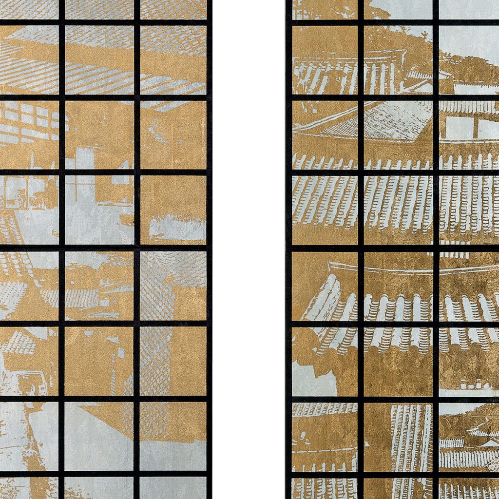 leaf, 48” x 24” x 1” 1990
13gk Pulguk-sa, Kyong-Ju, Glen Kaufman, silk damask, silver leaf; screenprint, impressed metal leaf, 48” x 24” x 1” 1990