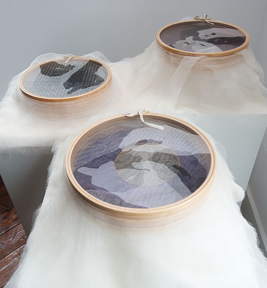 Listening In, Caroline Bartlett, mixed media; wooden rings stretched with archival crepeline, wool, linen tape, perspex, 2.75” x 17” x 17”; 5” x 17” x 17”; 6” x 17” x 17”, 2011, photo by tom Grotta