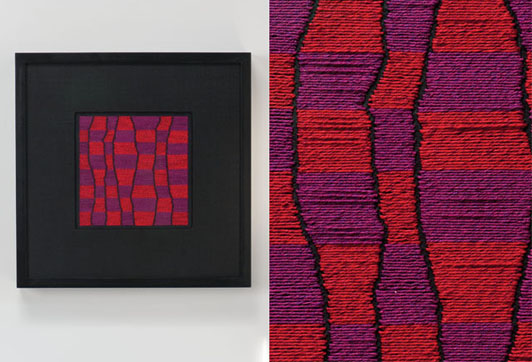 #79, Scott Rothstein, hand stiched silk thread on silk ground, in black wood frame with museum glass, 13" x 13", 2000