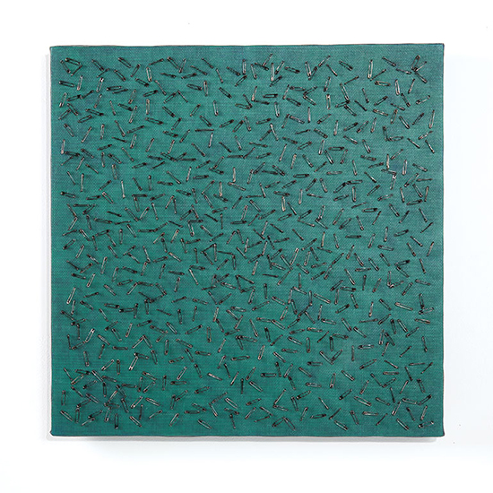 Green Blue Screen One, Tamiko Kawata, cardboard, safety pins, acrylic on canvas, 20” x 20”, 2018. Photo by Tom Grotta. 