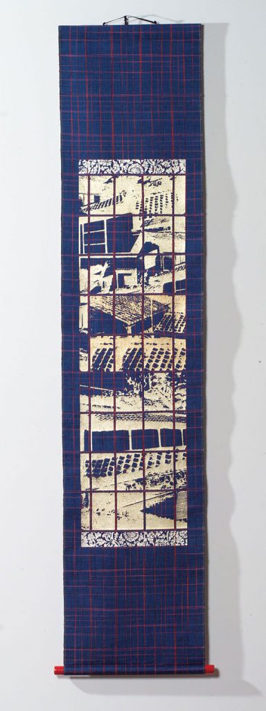 32gk SHIMOGAMO SCROLLS: STUDIO VIEW II, Glen Kaufman
photo collage, screen print and impressed silver leaf on handwoven kasuri silk, 70” x 17”, 2002