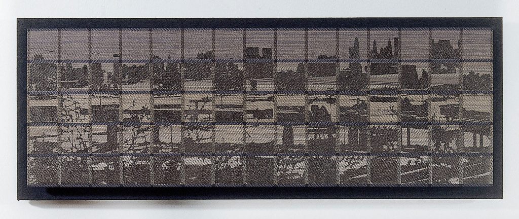 anhattan/New Jersey View
Glen Kaufman, handwoven silk twill, silver leaf; screenprint, impressed metal leaf, 10” x 30” x 1”, 1997