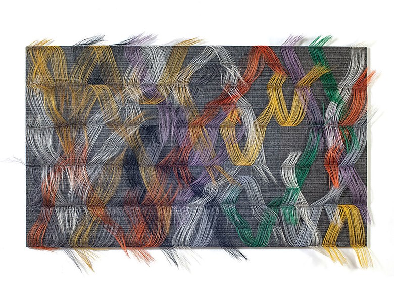 Marianne Kemp, Vibrant Conversation, horsehair, cotton, linen, 49” x 70” x 6 “, 2018