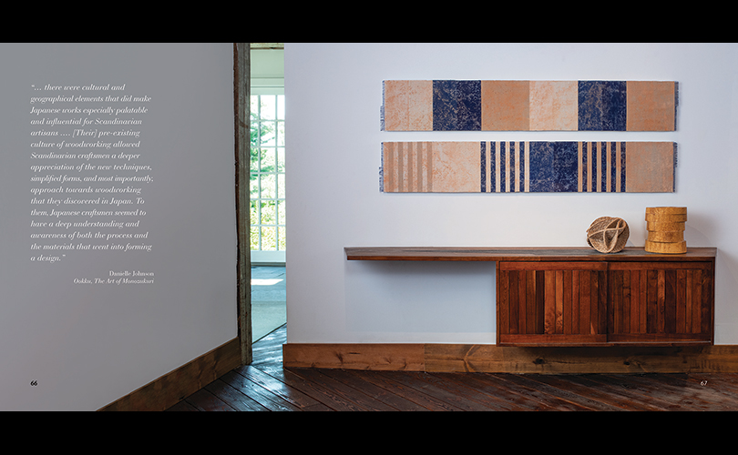 textile by Chiyoko Tanaka, basket by Kazue Honma and wood sculpture by Markku Kosonen