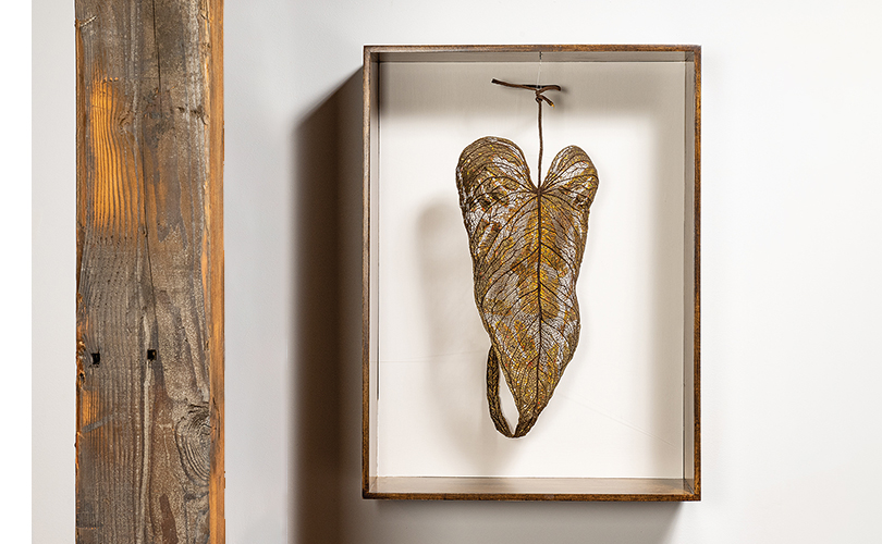 Three dimensional embroidered leaf shaped wall sculpture