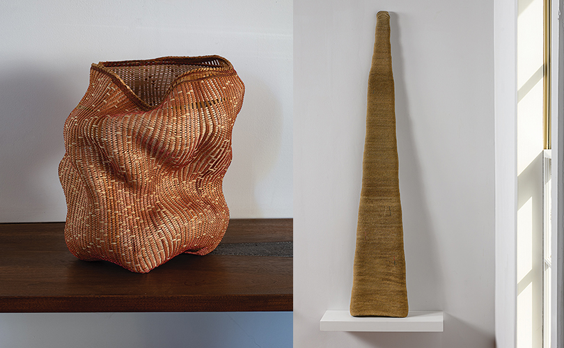 Polly Sutton basket and Ferne Jacobs Fiber Sculpture