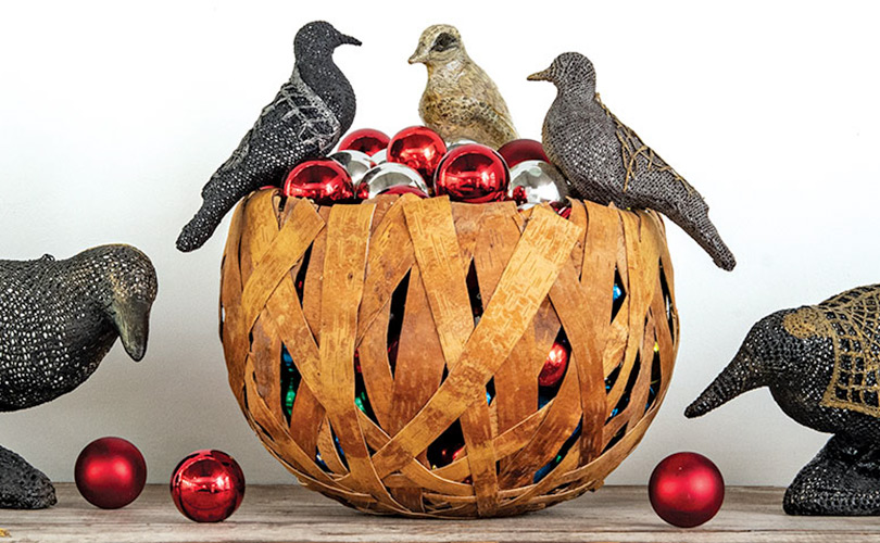 Markku Kosonen Birch Bark Bowl filled with Birds by Norma Minkowitz and ornaments