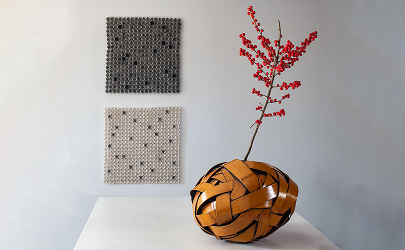 miniature wall baskets by Birgit Birkkjær and bamboo sculpture by Jiro Yonezawa