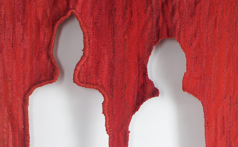 Detail of large red tapestry by Lilla Kulka